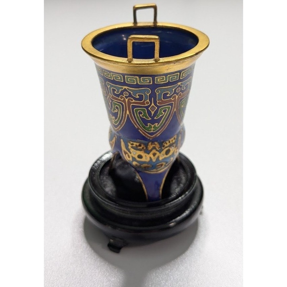 Blue & Multicolor Cloisonné Enamel Mini‎ Vessel with Handles – Bud Vase on Stand